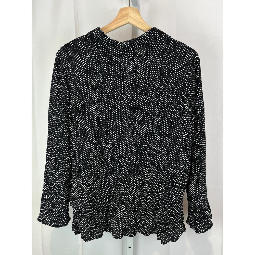 HABITAT Size S Polka Dot Button Up Long Sleeve Top Tiered Ruffle Hem Black White - Picture 2 of 9